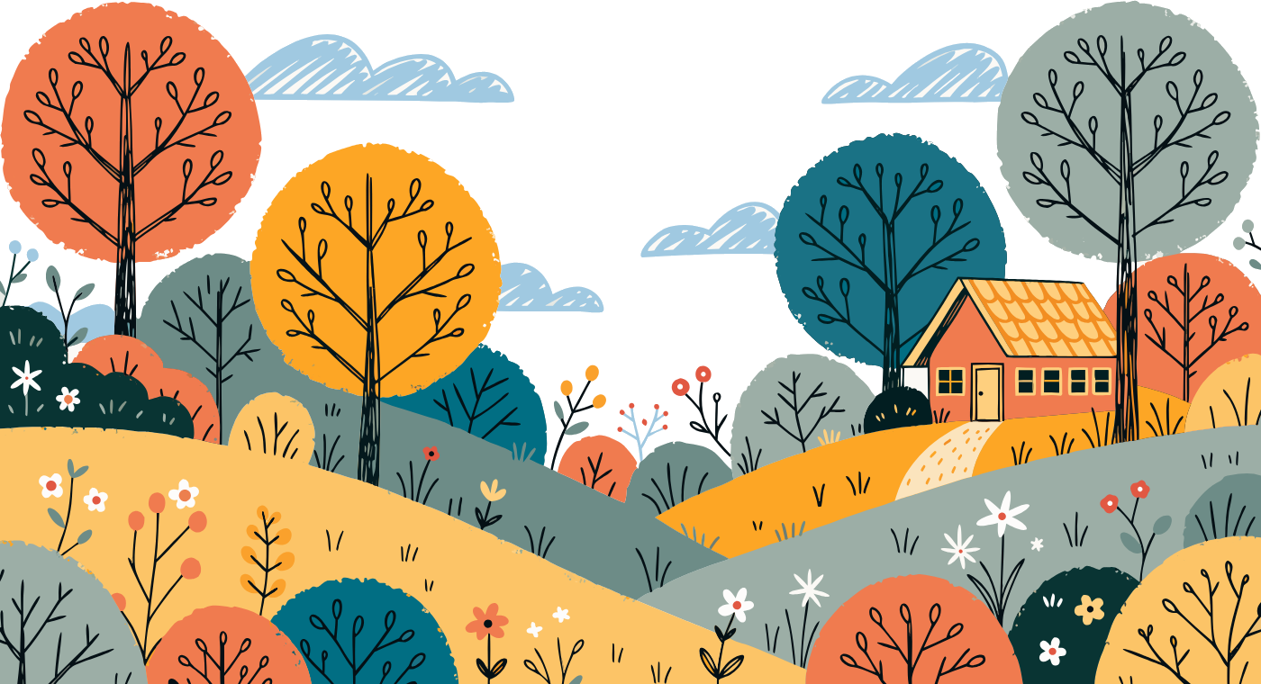 Hills with trees and a little school